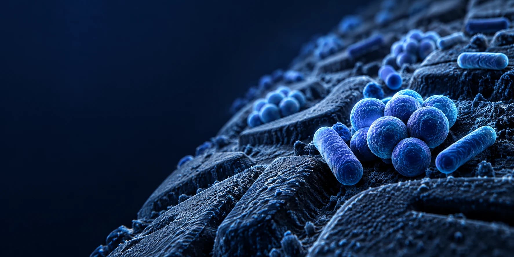 Scientific illustration of spherical and rod-shaped microbes on a textured shoe-sole surface, shown in blue