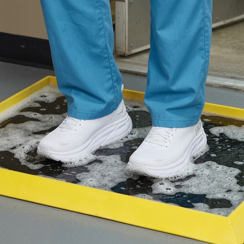 Personnel in scrubs standing in a yellow-bordered chemical sanitizing mat with foam solution covering white athletic shoes.