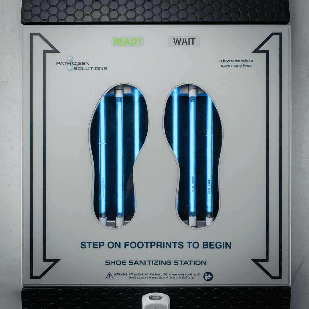 PathO3Gen Solutions UVZone Shoe Sanitizing Station, a low-profile floor station designed to perform an automated treatment cycle on the undersides of shoes.