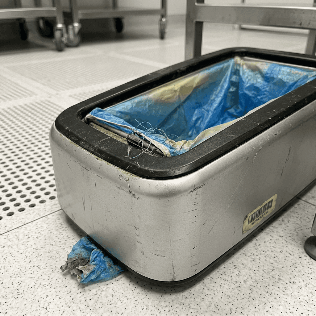 Automatic shoe cover dispenser positioned at a controlled facility floor transition.