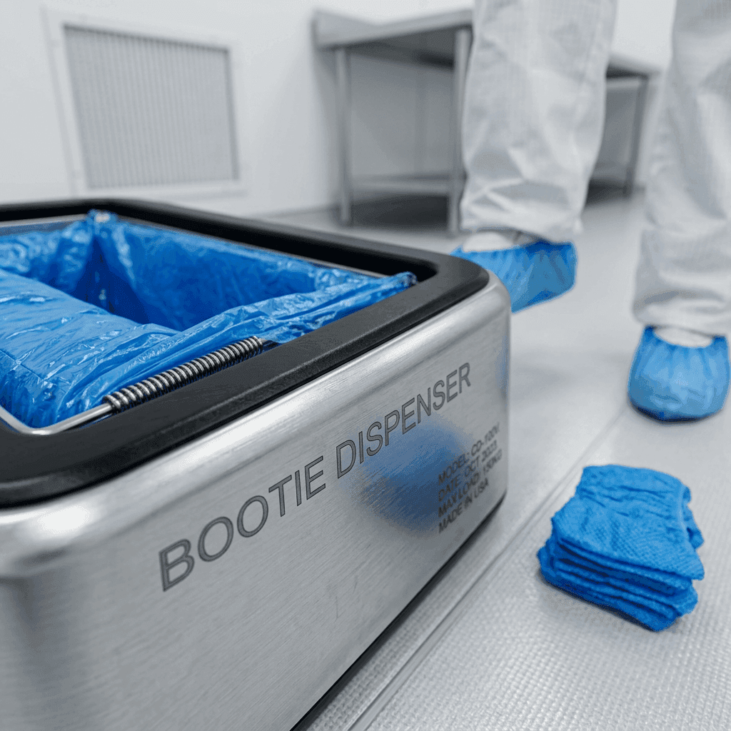 Automatic bootie dispenser with disposable shoe covers at a cleanroom entry.