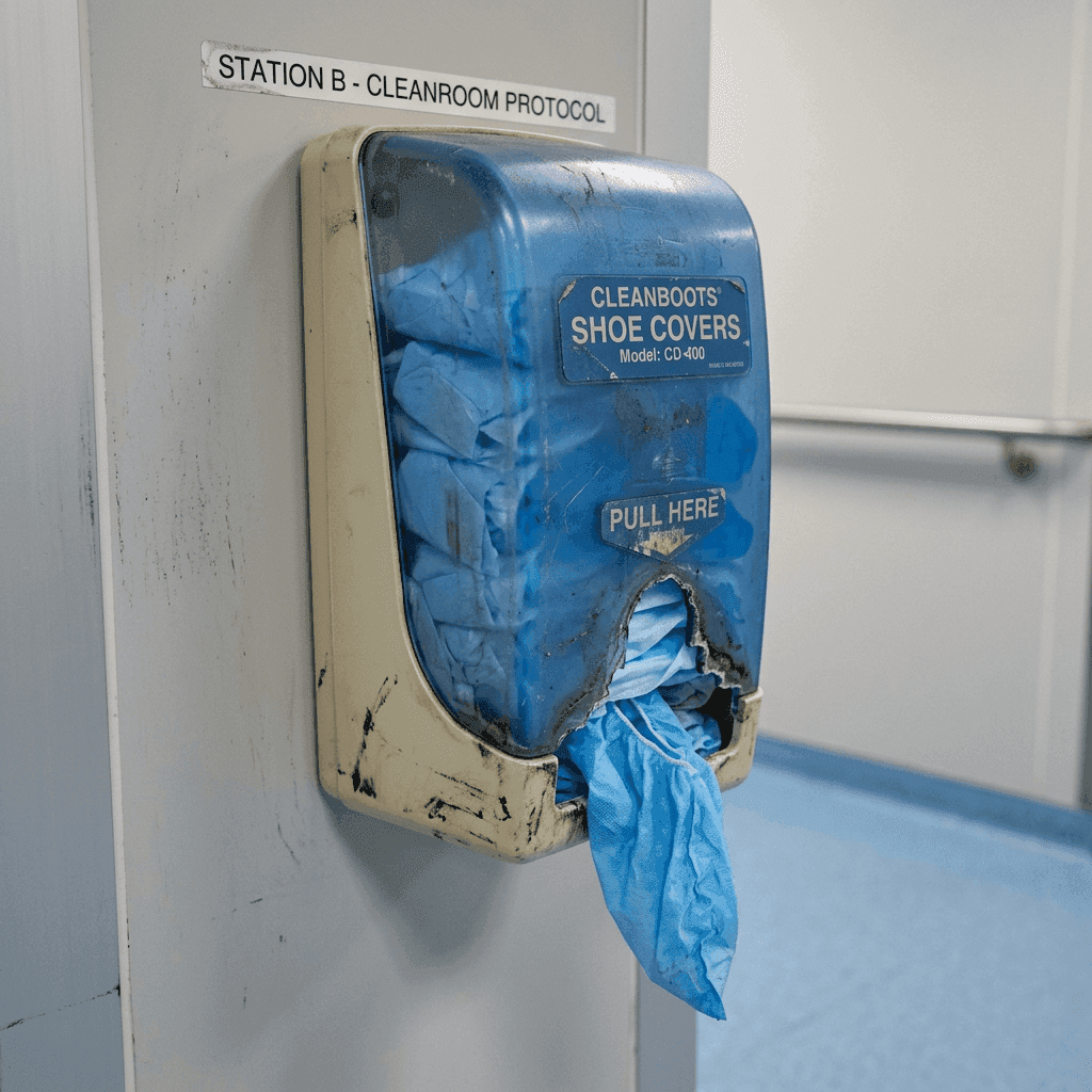 Wall-mounted disposable shoe cover dispenser at a cleanroom protocol station.