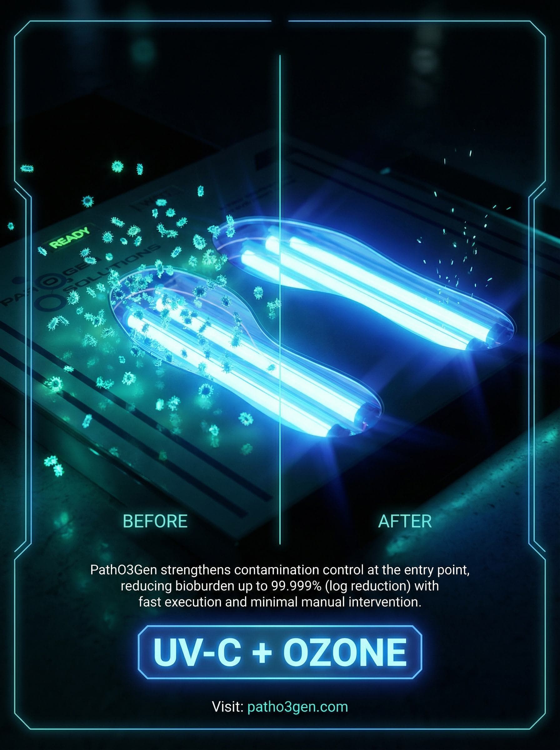 Before-and-after split image showing a contaminated facility floor next to the same floor after UVZone shoe sanitization.