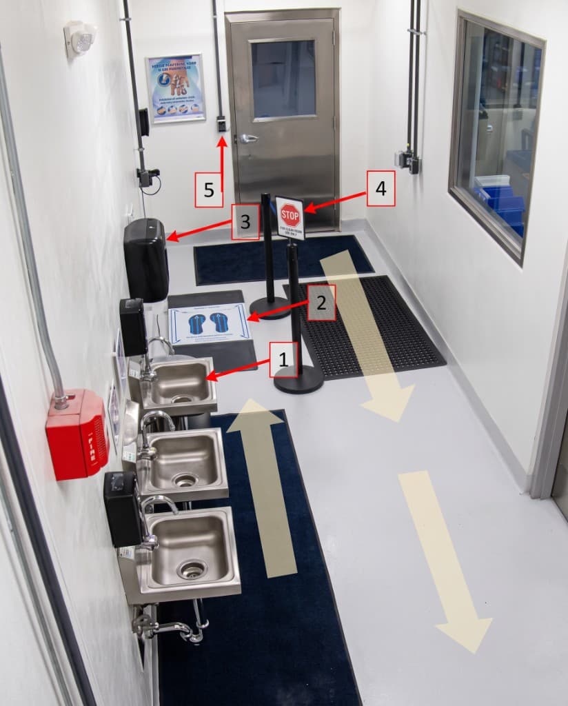 Lone Star Dairy hygiene transition zone with UVZone shoe sanitizing stations installed along a stainless-steel corridor with red floor markings