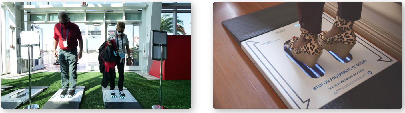 People using UVZone shoe sanitizers at facility entrance