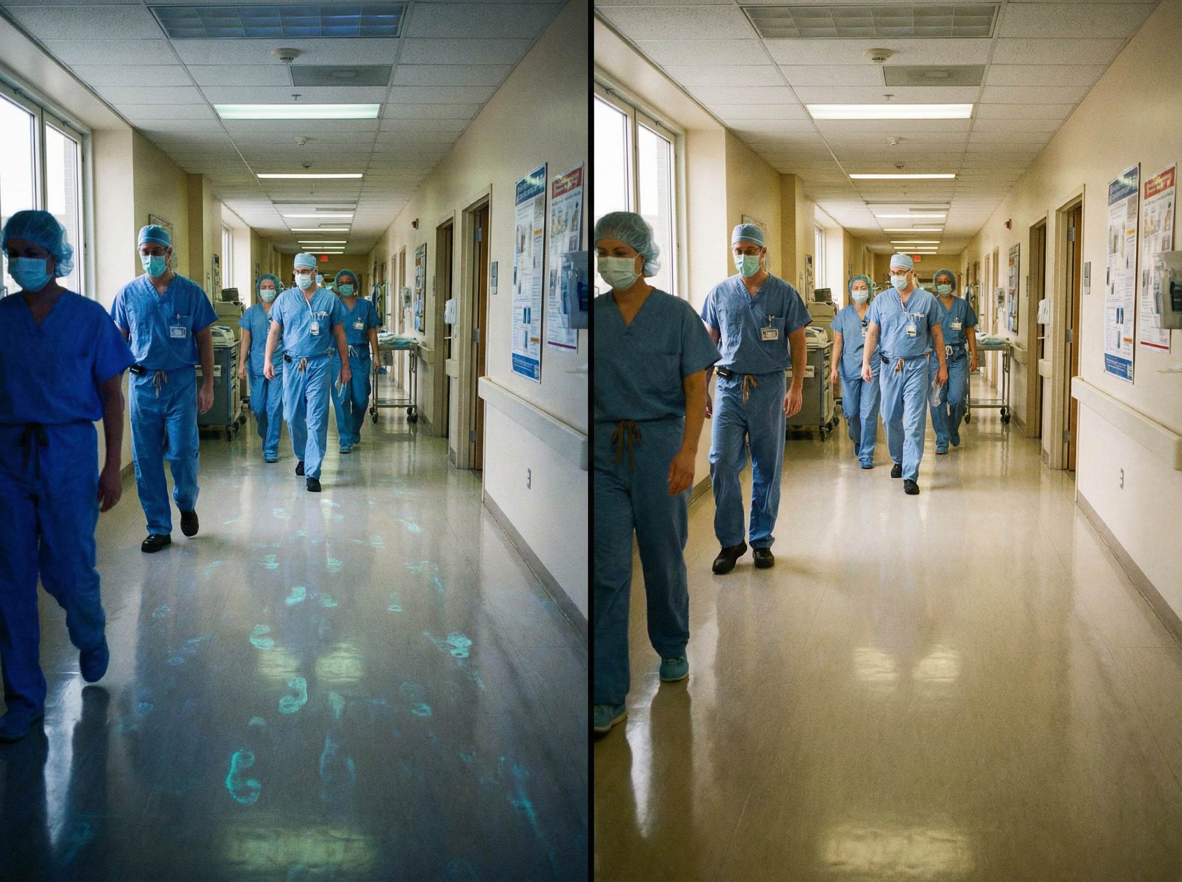 Before and After UVZone - Hospital hallway showing floor pathogen contamination comparison