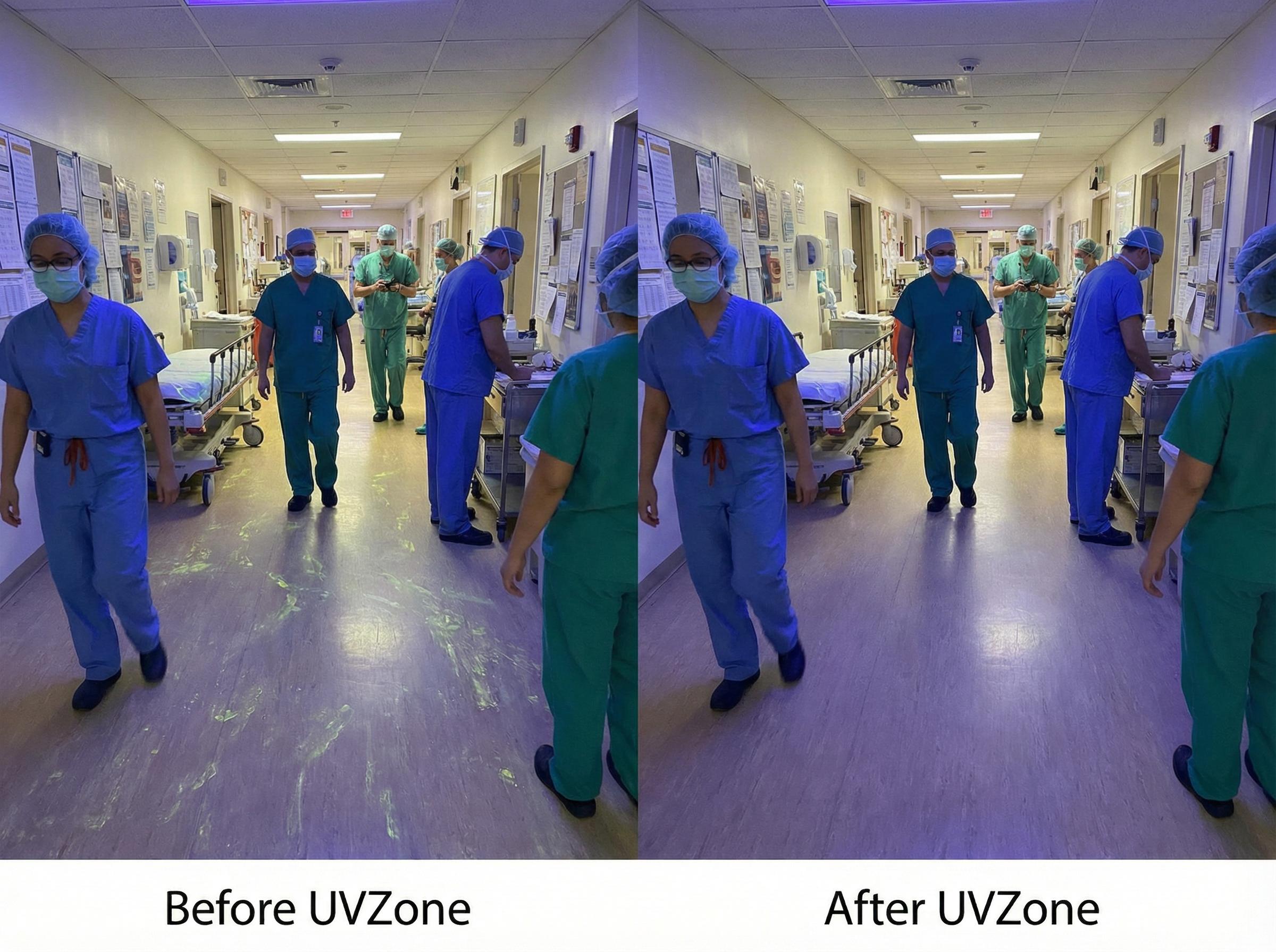 Before and After UVZone - Hospital ward showing UV-C disinfection effect on floors
