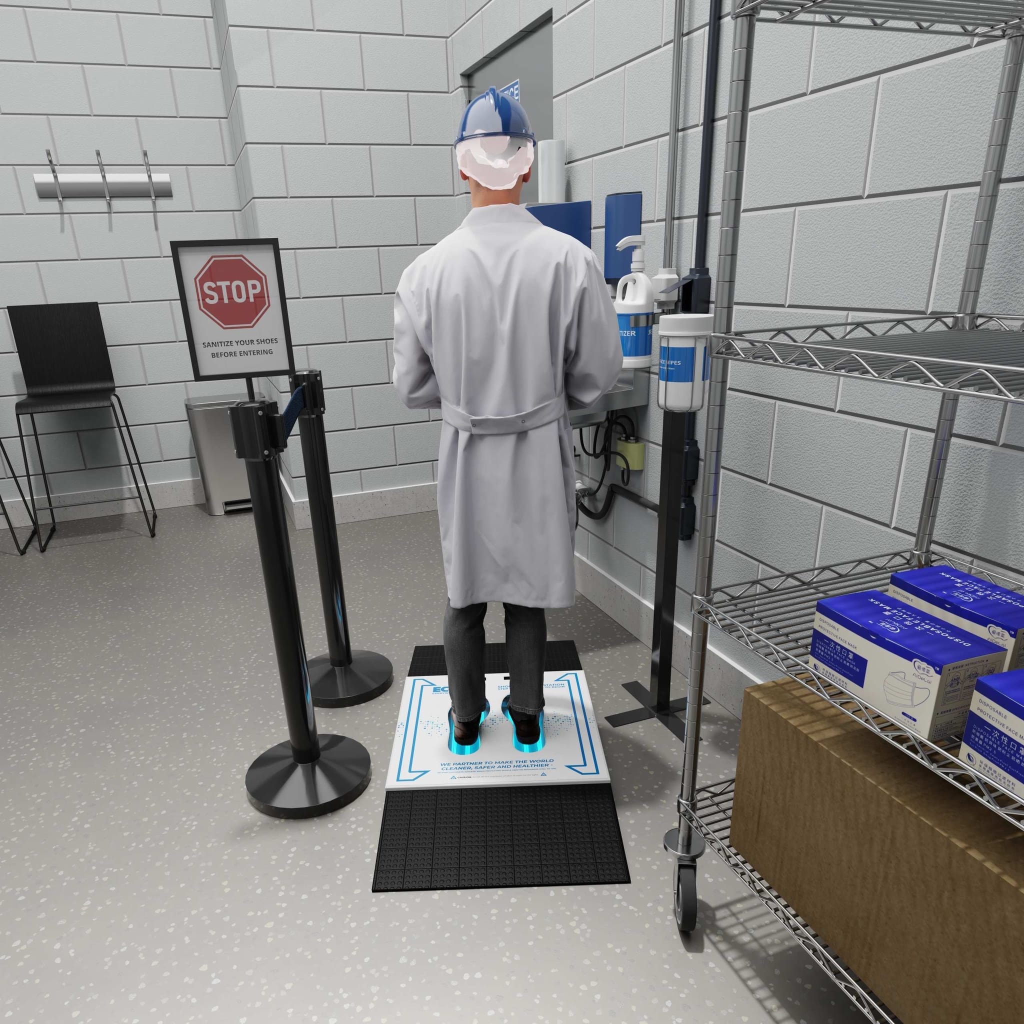 Facility worker stepping onto a UVZone Shoe Sanitizing Station at a cleanroom entrance.