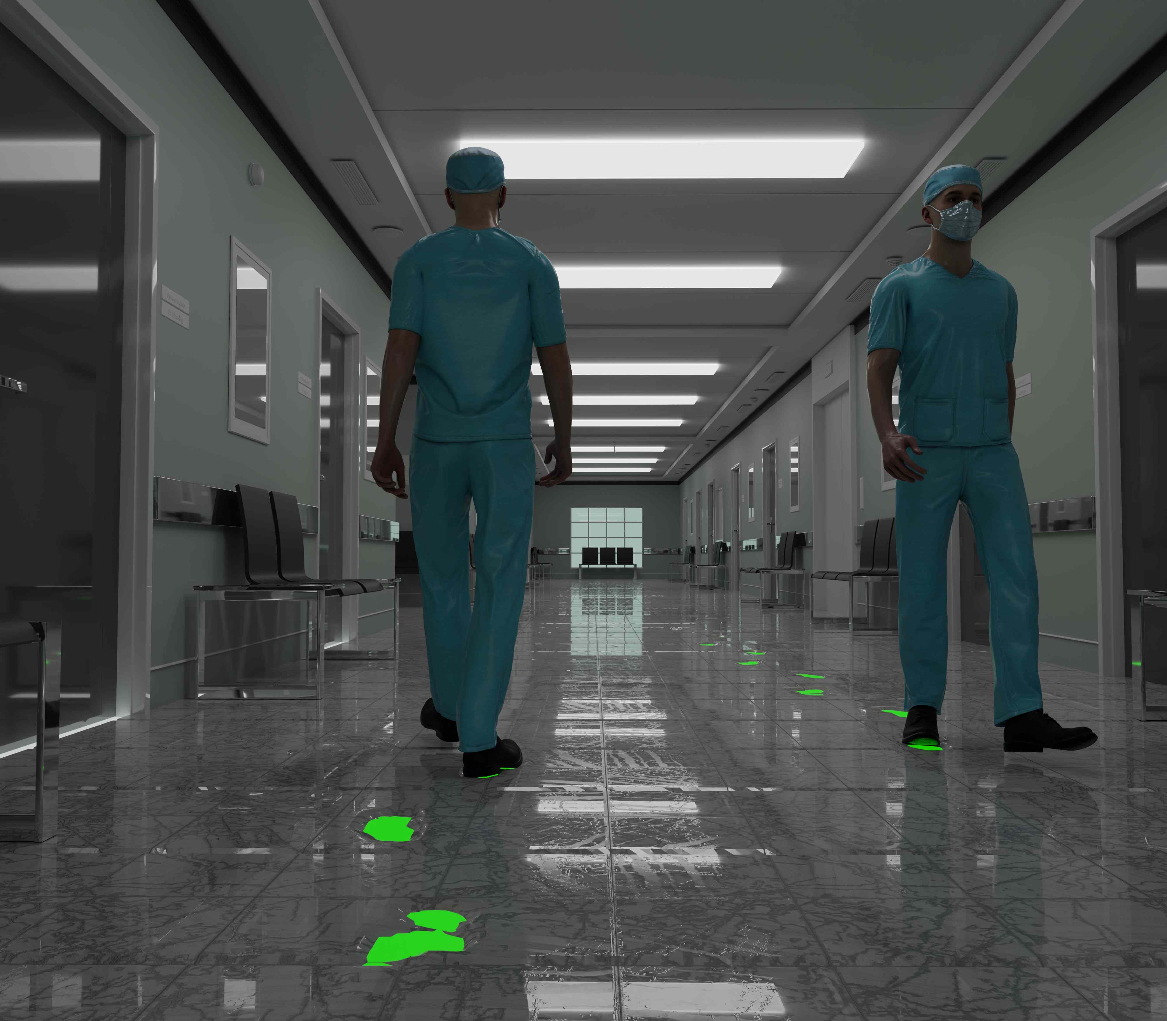 Hospital corridor showing pathogen spread